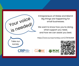 Flyer for survey stating "Your voice is needed" With a QR code in lower right corner