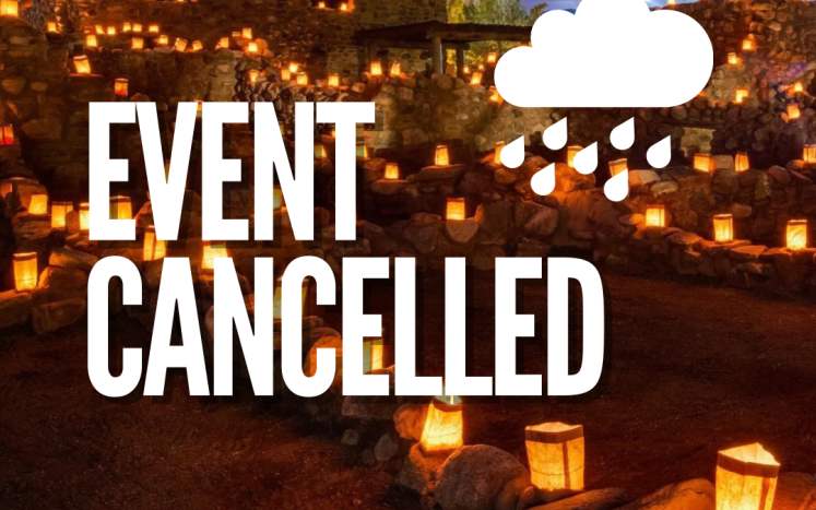 Photo of ruins with text overlay stating “Event Cancelled”